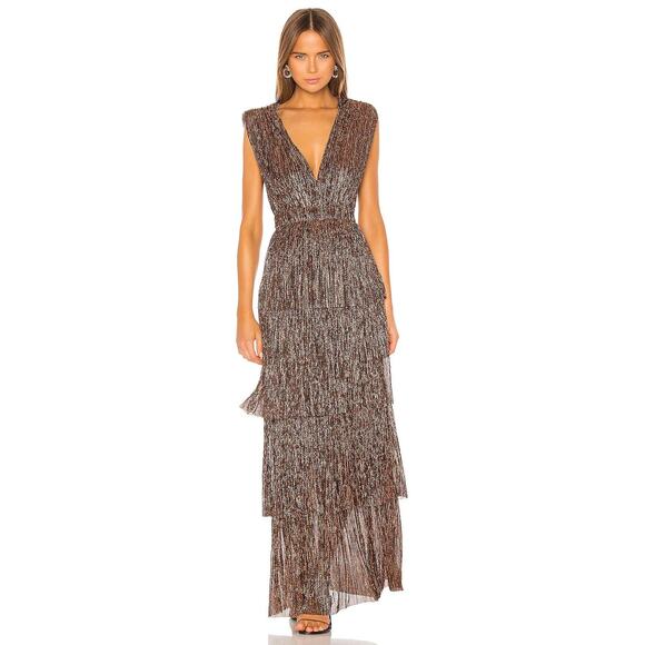 Sabina Musayev Skylar Gown Maxi Tiered Ruffle Whimsical Fairy Party Bronze Sz M - Picture 2 of 9